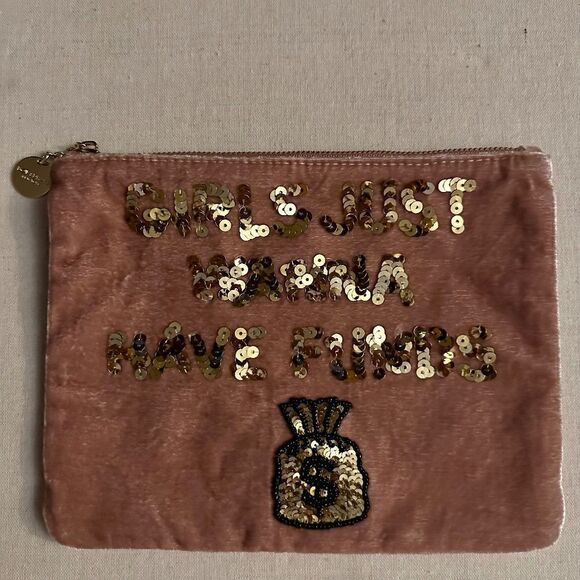 Bow & Drape NY gold sequin bead embellished pink velvet clutch pouch NWOT - Picture 1 of 11